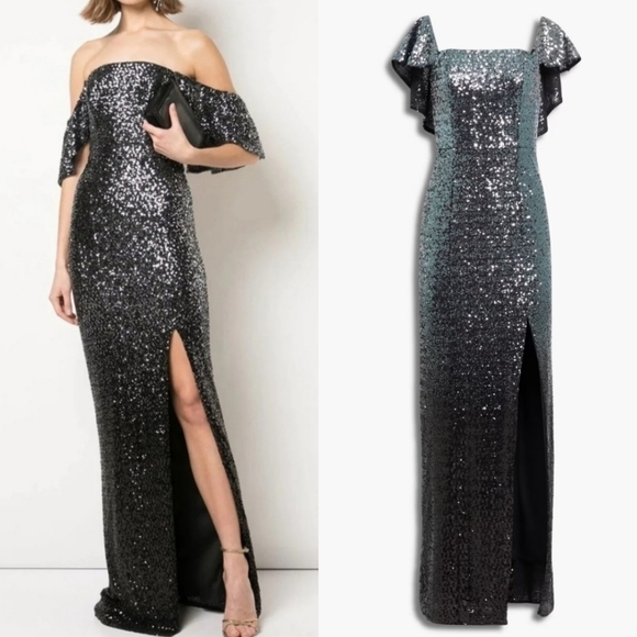 Marchesa Notte Ombré Sequin Gunmetal Column 3 In 1 Evening Gown NWT Size 6 - Picture 7 of 16